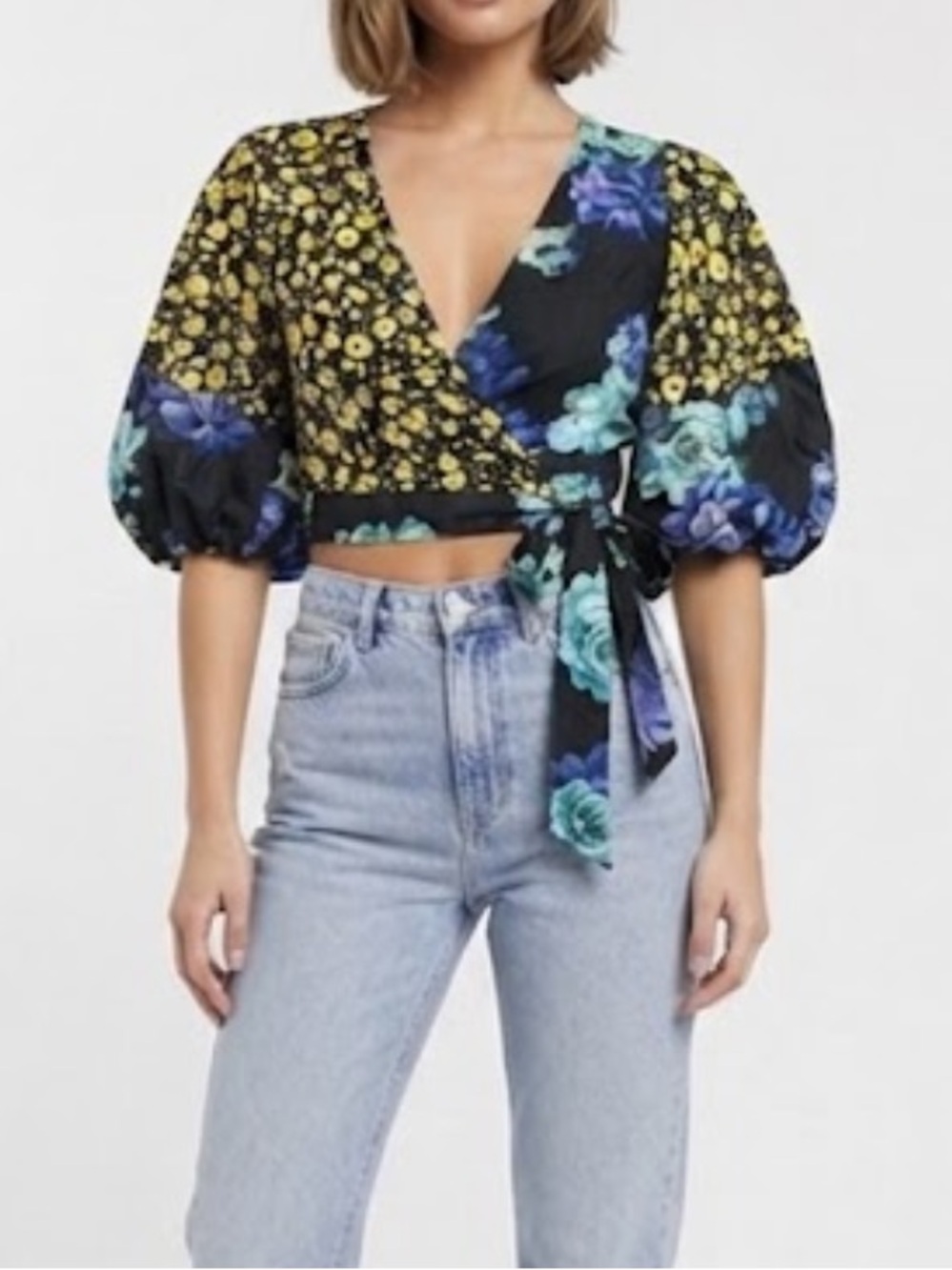 ASOS Floral Wrap Crop Top Puff Sleeves Mixed Print Size 4